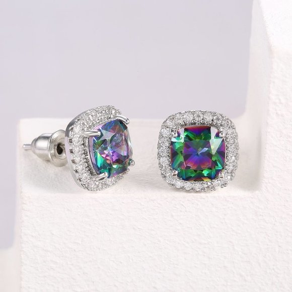 Square Colorful Micro Pave Zircon Stud Earrings for Women, EVGG1032 - Picture 3 of 10